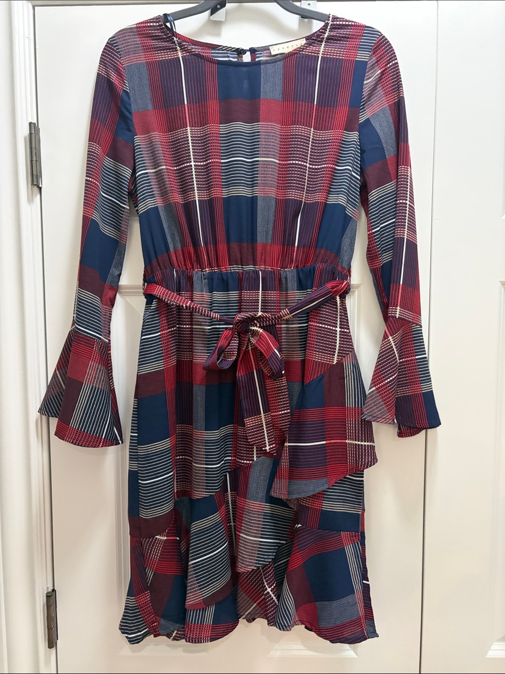 Promesa Red and Blue Plaid Long-Sleeve Belted Dress